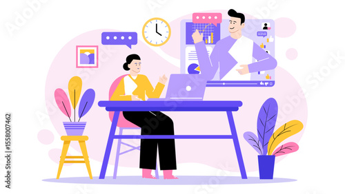 Online business meeting with a woman and a man. Suitable for webinars, virtual conferences, business presentations, and remote meetings.