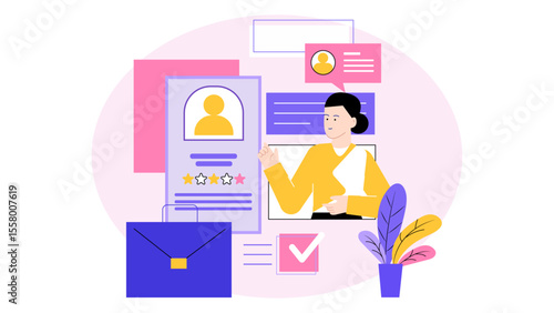 Woman reviewing a job application profile suitable for business articles, recruitment websites, career coaching materials, HR related content, job search resources.