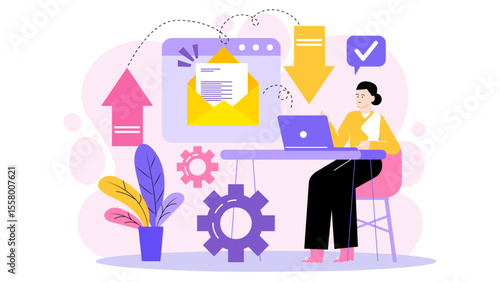 Woman working efficiently on laptop, sending emails. Suitable for business, technology, remote work, and productivity concepts. Professional multitasking.