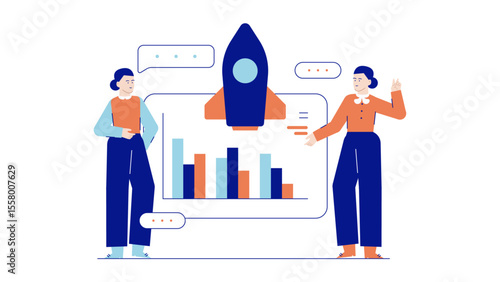 Two women analyzing rocket launch success on a bar chart. Suitable for business presentations or educational materials on aerospace industry.