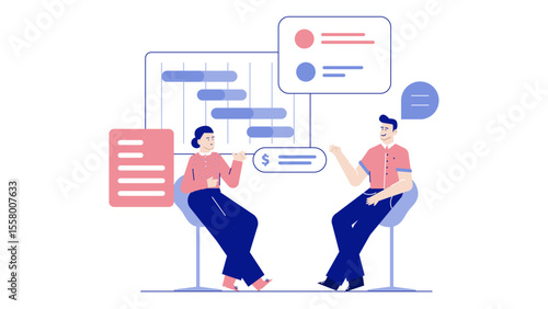 Two individuals in discussion over a project budget plan, suitable for business presentations or financial consultations. Perfect for corporate communications.