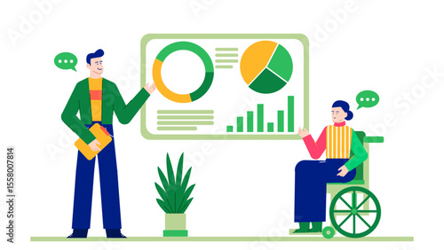 Presentation featuring charts and a man and a woman in wheelchairs. Illustrating inclusivity, diversity, and accessibility in business or education presentations.