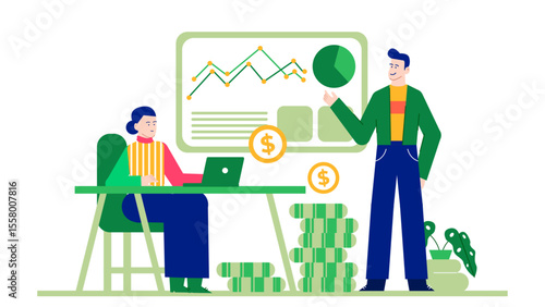 Two individuals analyzing financial data with graphs and piles of money. Suitable for finance, investment, business, and accounting concepts.