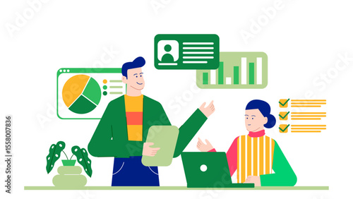 Two people presenting data and a checklist, suitable for business presentations, team collaboration, strategy planning, project reviews, and goal setting.