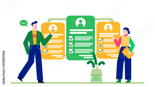 Two people examining candidate profiles to select job applicants. Suitable for recruitment, HR, hiring decision-making concepts in business.