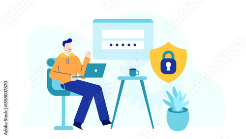 Illustration showing man securely logging into website online. Suitable for cybersecurity concepts, online safety guides, and technology related designs.