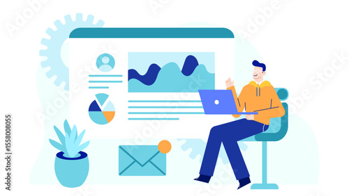 Man working on a laptop reviewing data, suitable for business presentations, technology articles, website illustrations, and work-related designs.