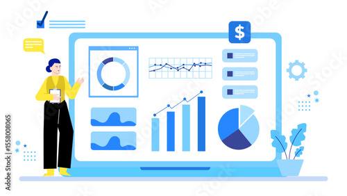 Woman analyzing financial data on a laptop with graphs and charts, suitable for business and finance related presentations. Graphs and charts on laptop, suitable for finance presentations.