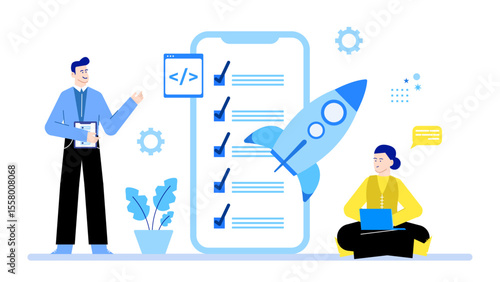 Project launch checklist featuring two people coordinating tasks. Ideal for business and project management concepts in presentations and marketing materials.