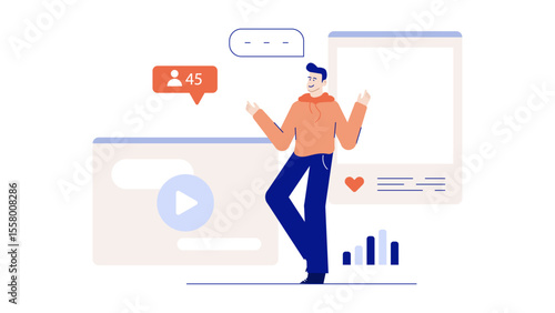 Man joyfully celebrating social media success. Perfect for marketing campaigns, business presentations, social media posts, and website banners.