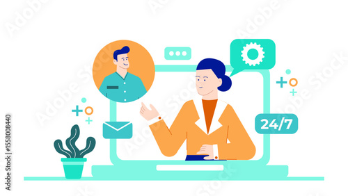 24/7 online customer service agent aiding a client via chat. Suitable for websites, customer service blog posts, online support content.