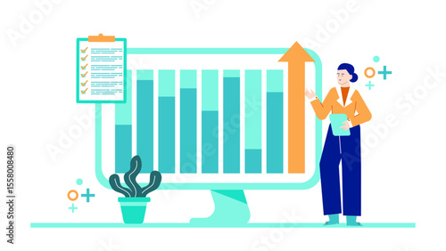 Woman presenting a positive business graph suitable for presentations, financial reports, marketing materials, websites, blogs, and social media posts.