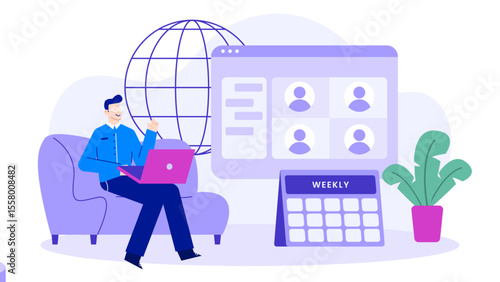 Man working on a laptop near a weekly calendar. Suitable for office, business, planning, organization, time management, remote work concepts.
