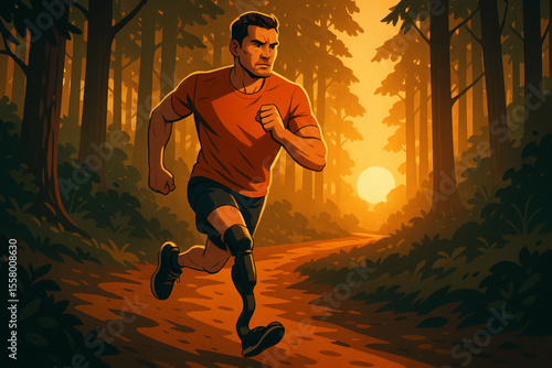 Man with Prosthetic Leg Jogging on Forest Trail at Sunrise Cinematic Lighting Illustration