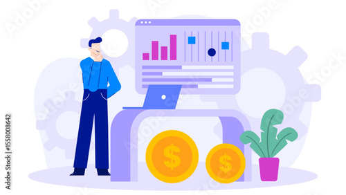Man analyzing financial data near gold coins. Suitable for finance blogs, investment websites, presentations, and business articles. Perfect for illustrating wealth management and data analysis.