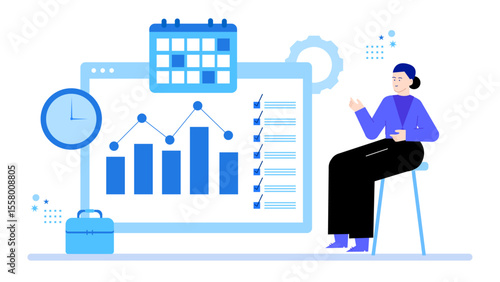Businessperson analyzing project data charts and checklist. Suitable for presentations, business reports, financial analysis, project management concepts.