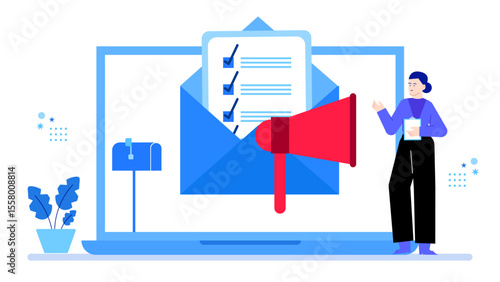 Woman promotes email marketing with megaphone next to laptop. Suitable for business presentations or advertising related to email campaigns.