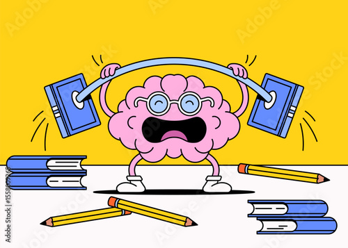 Cartoon brain character lifting heavy books like barbells in a humorous and expressive pose. Surrounded by scattered books and pencils symbolizes mental effort, stress, study pressure