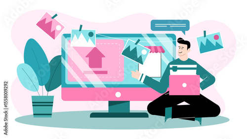 Man uploads photos online using a laptop and computer. Suitable for digital marketing, photography blogs, social media, technology websites.