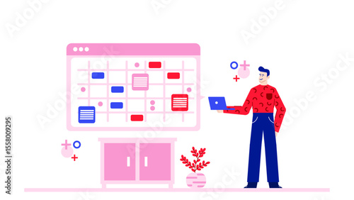 Man using a laptop near a schedule. Suitable for technology, productivity, organization, work from home, freelance, business, planning concepts.