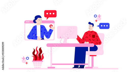 Man in conference room video chats with woman declining online meeting request. Suitable for business communication, online interactions, digital rejection concept.