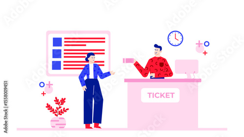 Woman purchasing a ticket from a clerk at the counter. Ideal for travel, transportation, ticketing, and customer service concepts.
