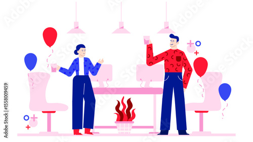 Two coworkers celebrating with drinks and balloons at work, perfect for office party invitations, work anniversary announcements, team success graphics.