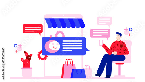 Man shops online via chatbot, receiving shopping bags. Suitable for digital marketing, ecommerce websites, online shopping promotion campaigns, and technology concepts.