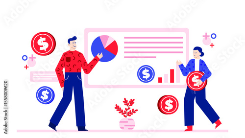 Two individuals discussing financial data with charts and large dollar coins in hand. Suitable for financial presentations and reports.