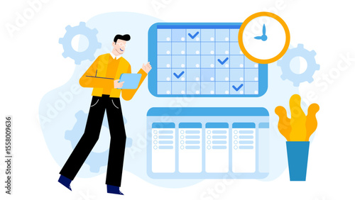 Man organizing tasks with calendar and todo lists. Suitable for productivity, planning, organization, time management concepts in presentations, websites, and printed materials.