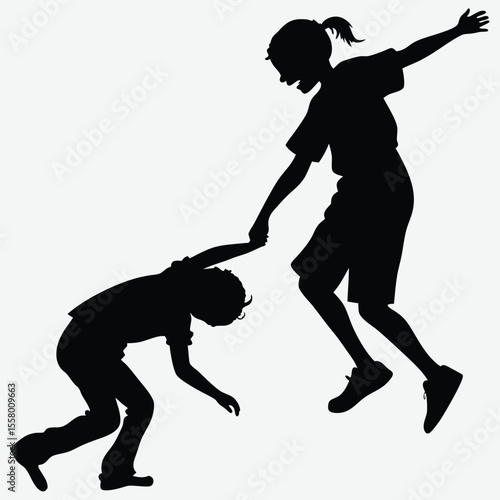 Two children playing leapfrog image silhouette design vector art and illustration