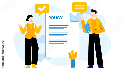 Two people reviewing a policy document. Suitable for business presentations, training materials, educational resources, and corporate communications.