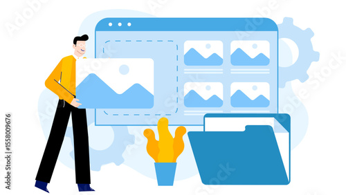 Man uploading images to a digital folder, suitable for technology blogs, online marketing concepts, web development tutorials, digital asset management.