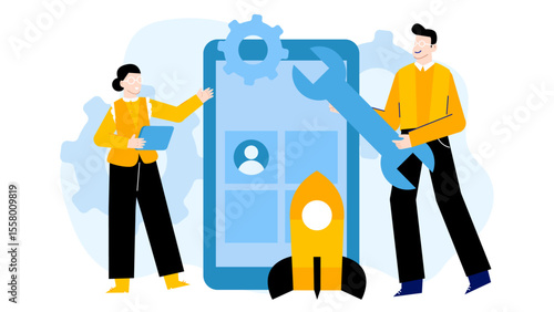 Two developers collaborate to fix a mobile app, suitable for technology websites, blogs, and social media posts related to software development.