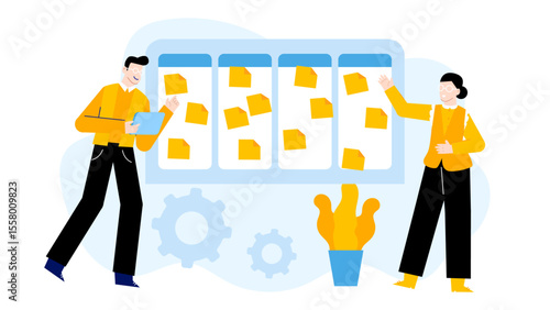 Two people visually organizing and prioritizing tasks on a Kanban board together. Collaboration, teamwork, project management, organized workflow concept.