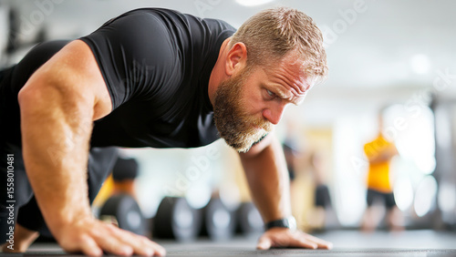 Strong and Focused: A determined individual engages in push-ups, showcasing a commitment to strength and fitness within the modern gym environment, focusing on achieving fitness goals