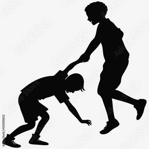 Two children playing leapfrog image silhouette design vector art and illustration