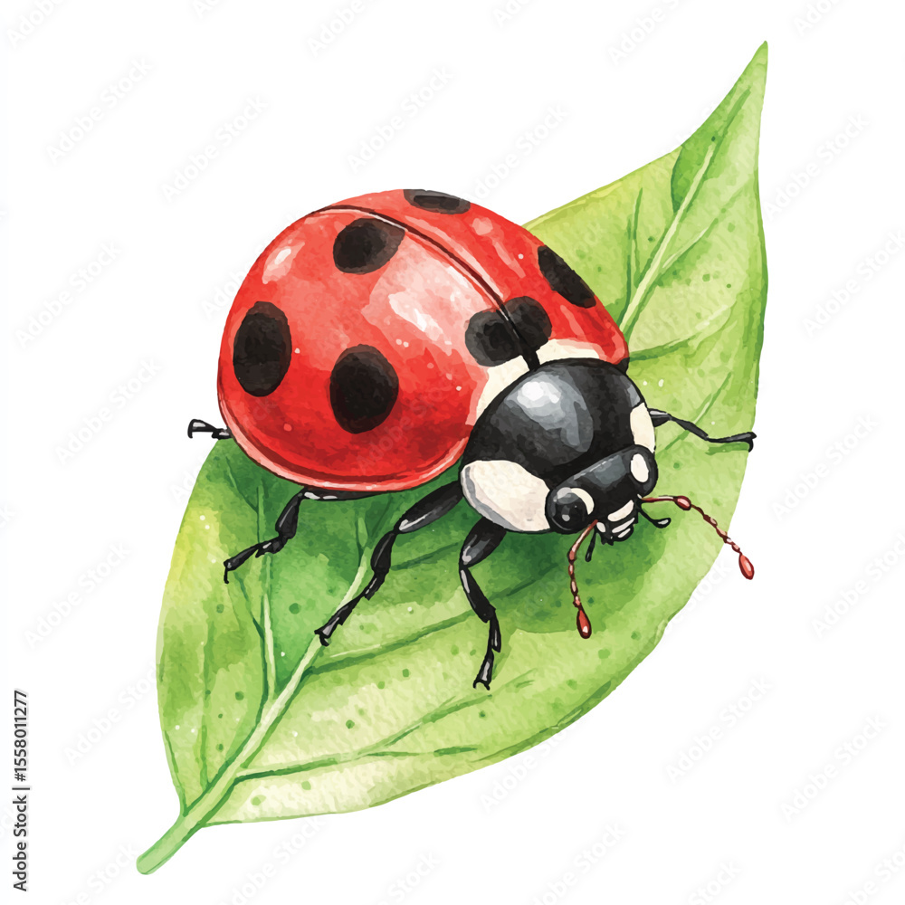 Naklejka premium Watercolor Ladybug Resting on a Green Leaf with Detailed Antennae