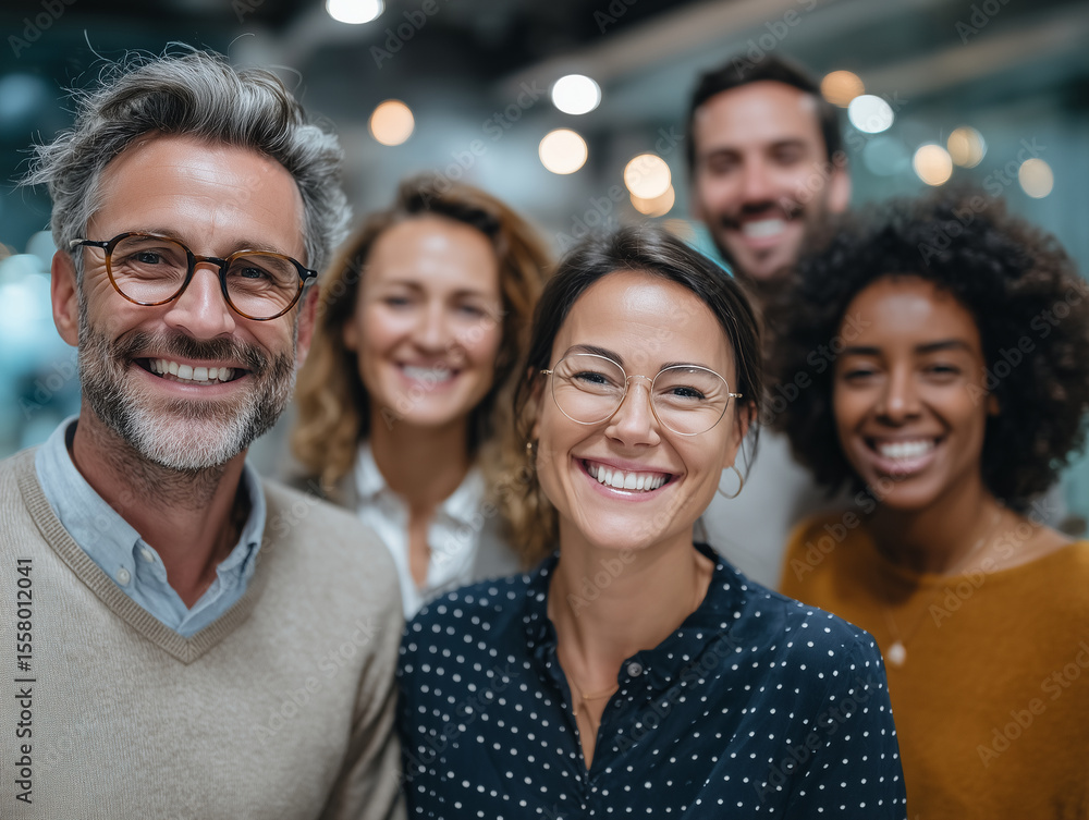 Fototapeta premium Smiling group of diverse employees in modern office setting, showcasing teamwork and positivity. Their expressions reflect joy and collaboration