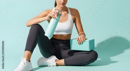 Wallpaper Mural Fit woman resting with water bottle and yoga block on blue background Torontodigital.ca
