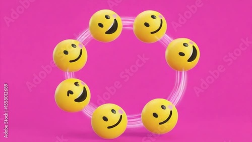 Floating smiley balls on pink background