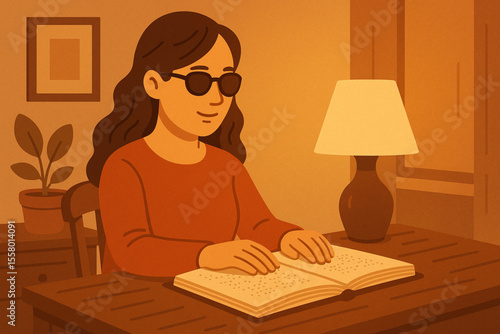 Visually Impaired Woman Reading Braille at Wooden Desk Warm Cozy Indoor Illustration