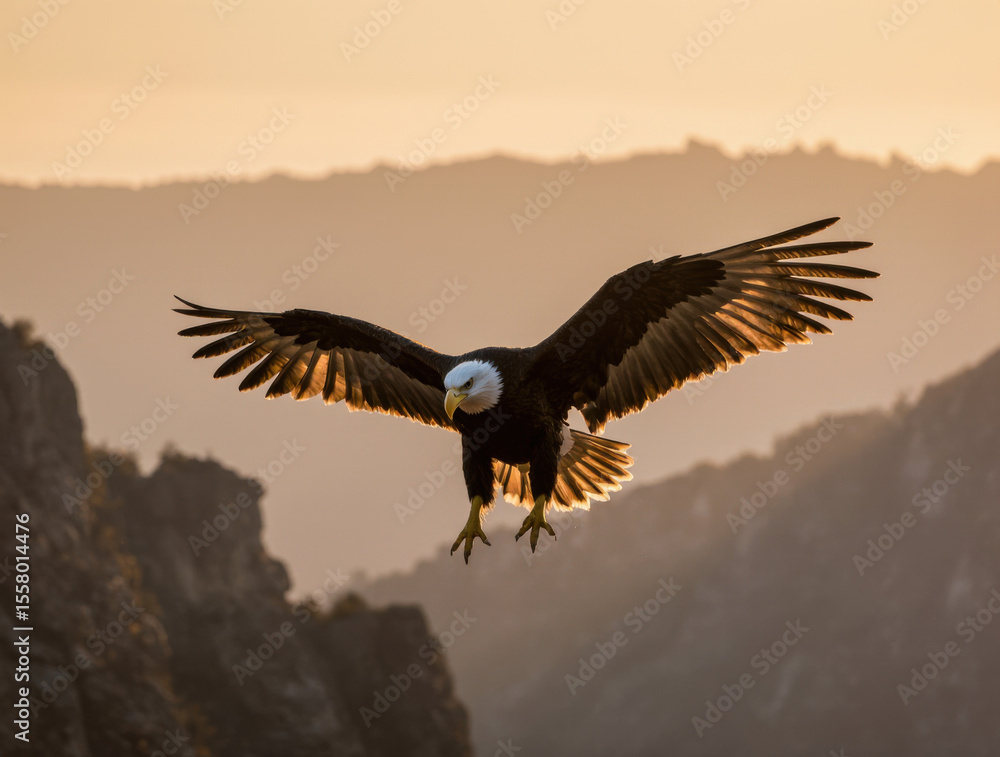 Obraz premium An eagle soaring over cliffs and valleys at sunrise