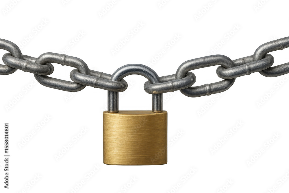 Brass padlock fastening sturdy metal chain, preventing unauthorized entry on clear background for security purposes Brass padlock fastening sturdy metal chain, preventing unauthorized entry on clear background for security purposes