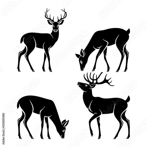 Black silhouette deer vector art illustration set of wildlife animal with antlers and grazing deer poses
