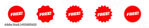 Variations set of Free tags in starburst shape.
Marketing and sales sticker in red color.