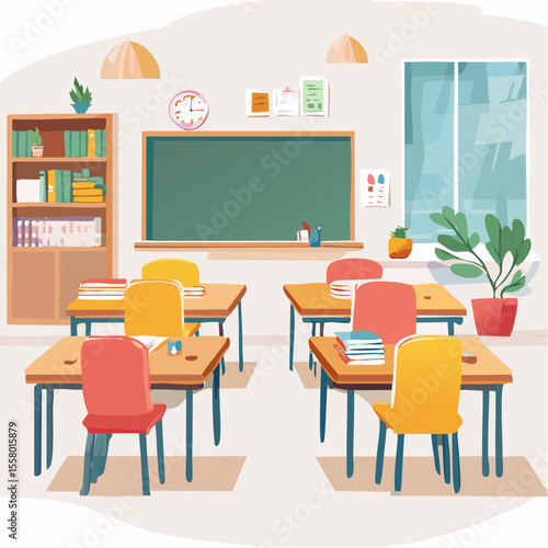 Classroom with desks blackboard bookshelf and a window