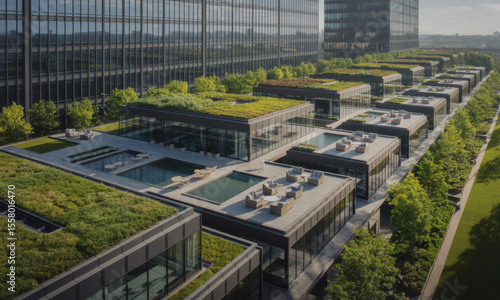 Wallpaper Mural Aerial view of modern building rooftops with green spaces, pools, and seating areas. Torontodigital.ca