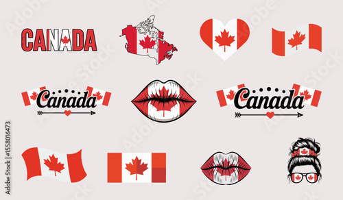Collection of Canadian Patriotic Symbols with Solid Background.