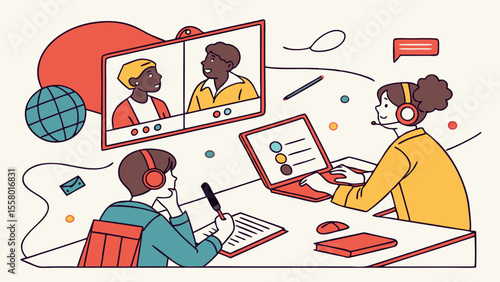 Virtual Team Collaboration and Online Customer Support Illustration